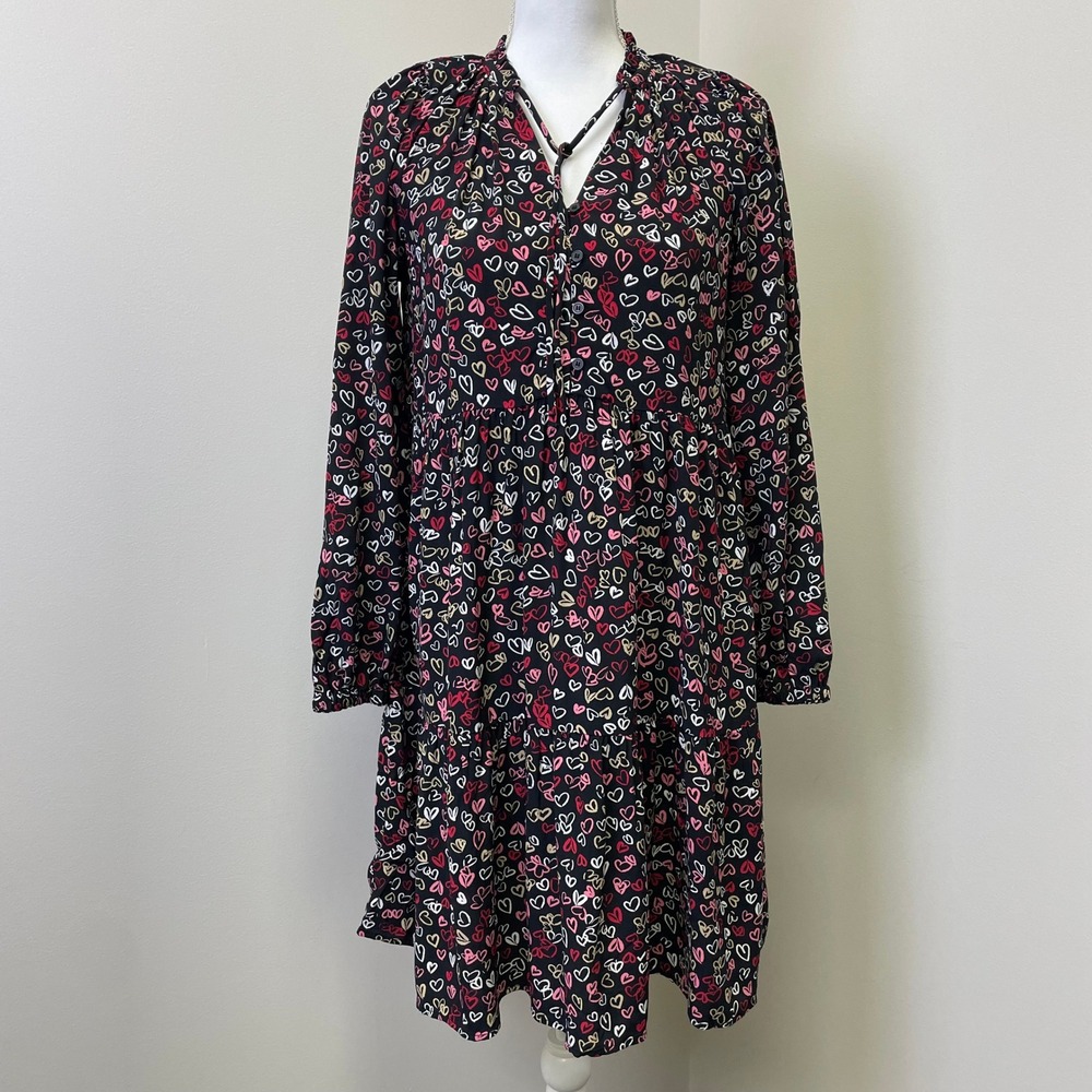 NEW LOFT Heart Print Tiered Swing Dress XS Black Pink Long Sleeve Tie Neck